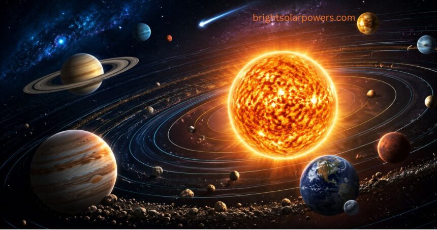 Realistic solar system image showing the Sun, planets, orbits, and space.