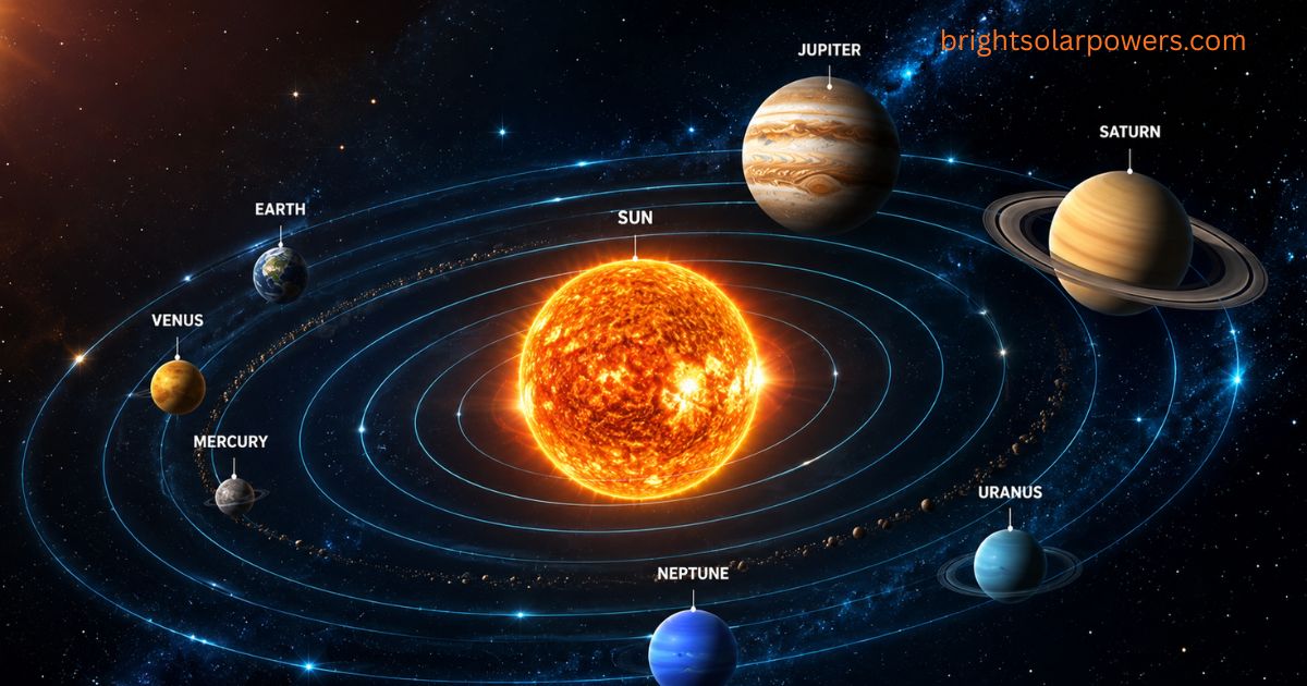 Realistic solar system image showing the Sun and planets orbiting in space.