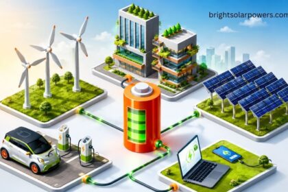 Types of solar energy with solar panels, wind turbines, and battery storage.