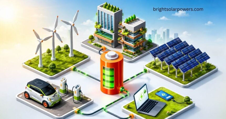 Types of solar energy with solar panels, wind turbines, and battery storage.