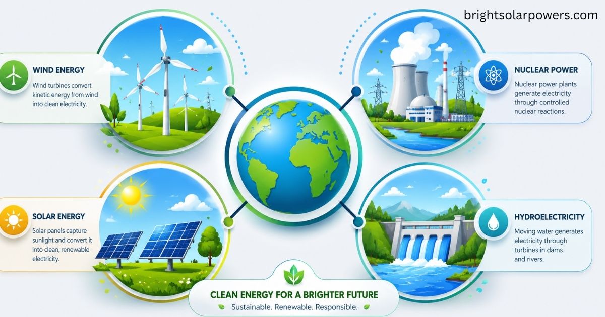 Types of solar energy with wind, solar, nuclear and hydroelectric power.